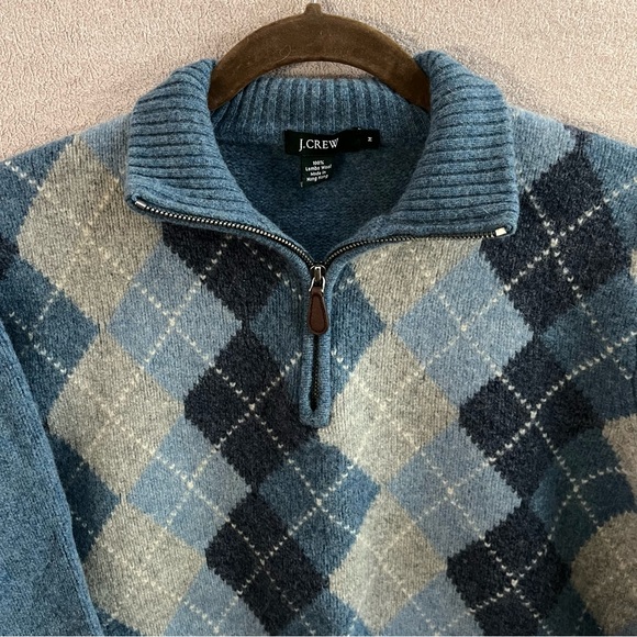 J. Crew 100% Lambs Wool Blue and Gray Argyle Plaid Quarter Zip Sweater Women’s M - Picture 5 of 11